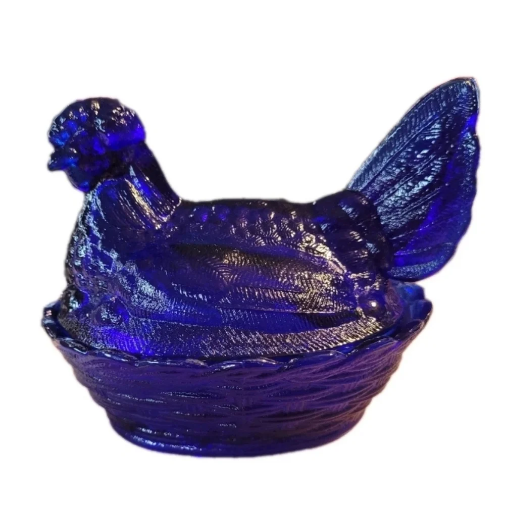 Hen on Nest Chicken Cobalt Blue Glass Style Dish 6 In Cottage Core Grandma Core